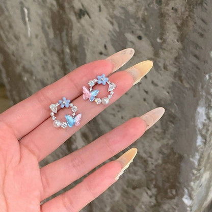 少女心蝴蝶花環珍珠耳釘