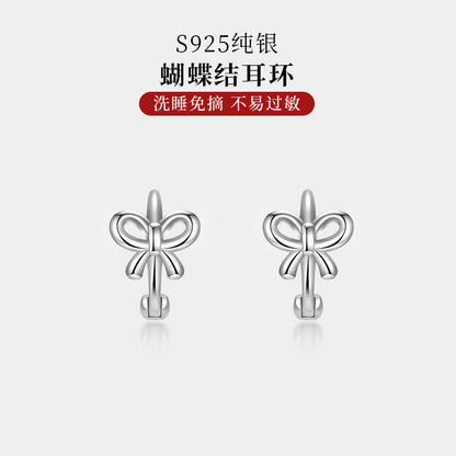 S925 蝴蝶結耳骨環女簡約時尚小眾設計感養耳洞耳扣高級感耳圈