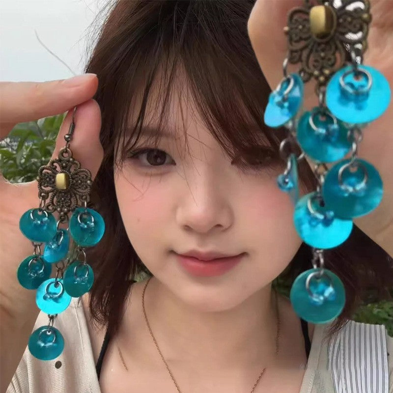 銀針幾何貝殼圓形流蘇耳釘海邊度假風氛圍感耳環時尚設計感耳飾女
