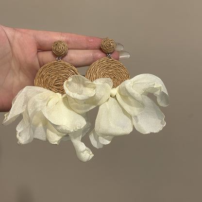 銀針雪紡拉菲草布藝吊墜耳釘海邊度假風氣質耳環設計感小眾耳飾女