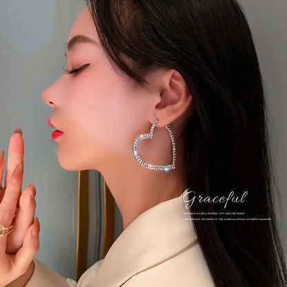銀針歐美時尚夸張個性愛心耳圈耳環滿鉆耳墜氣質百搭超閃耳飾批發
