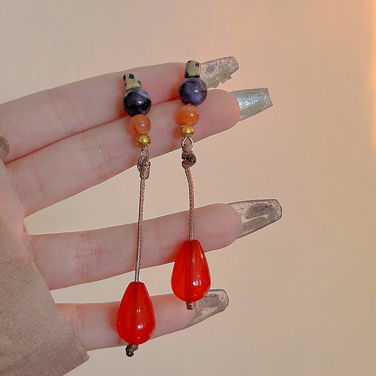 紅色水滴流蘇長版耳環－商品主圖｜https://igowo.tw/