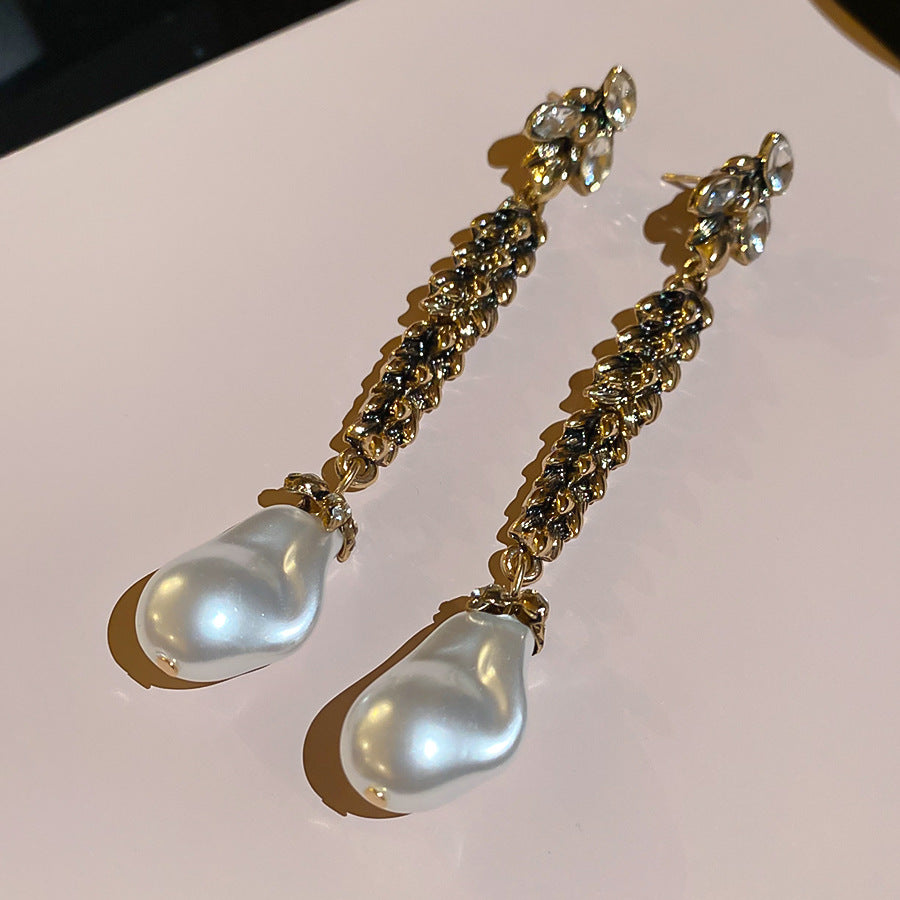 銀針鑲鉆麥穗流蘇珍珠耳釘項鏈中古vintage首飾套裝輕奢小眾飾品