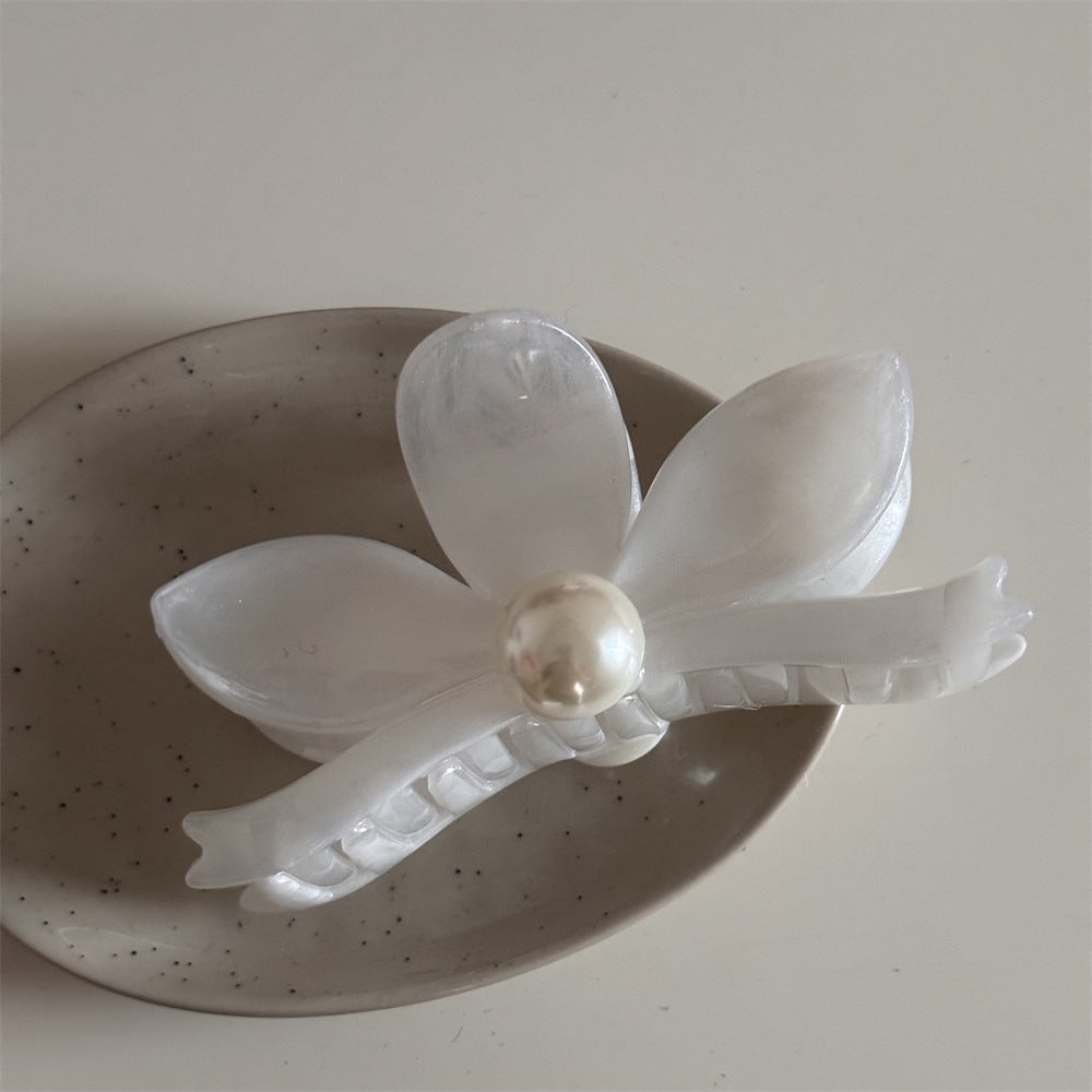 珍珠花朵復古鯊魚夾－水墨紋理-灰長方款細節｜https://igowo.tw/