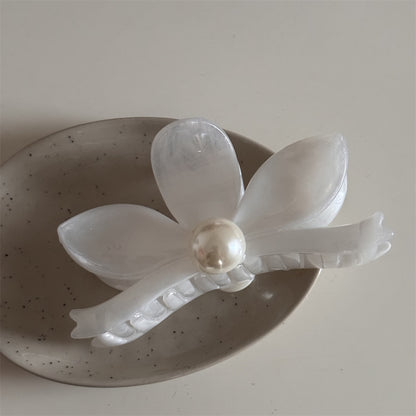 珍珠花朵復古鯊魚夾－水墨紋理-灰長方款細節｜https://igowo.tw/