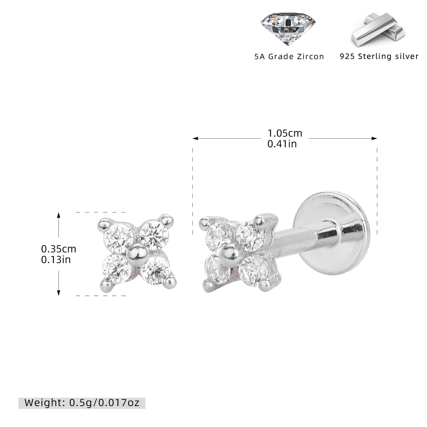 S925 耳釘時尚鑲鋯四葉草平底螺紋耳骨釘百搭款飾品