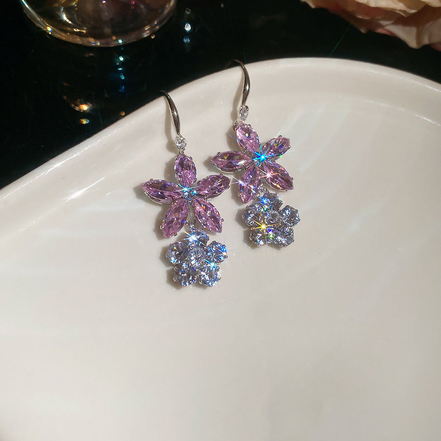 鋯石花朵葉子水滴吊墜項鏈耳環套裝輕奢重工鎖骨鏈時尚高級感飾品