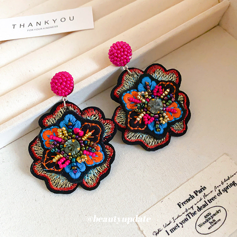 銀針鑲鉆刺繡花朵條紋編織耳釘復古民族風個性耳環耳飾小眾輕奢女
