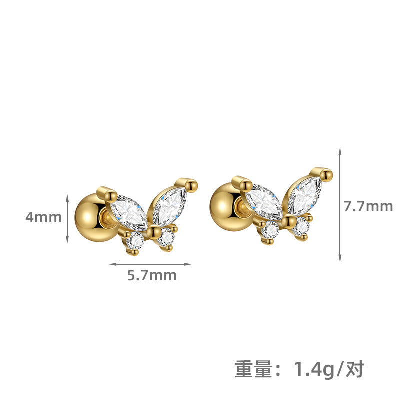 S925 不規則鋯石蝴蝶螺絲擰扣耳釘女簡約森系高級感養耳洞耳飾