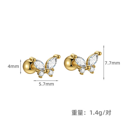 S925 不規則鋯石蝴蝶螺絲擰扣耳釘女簡約森系高級感養耳洞耳飾