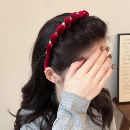 絨面鋯石纏繞髮箍－酒紅色絲絨髮箍款實拍｜https://igowo.tw/