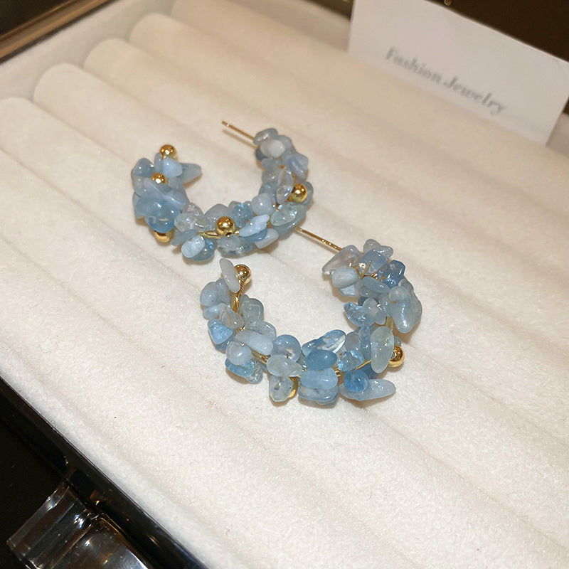 銀針小清新海藍寶串珠耳釘海邊度假風碎鹽耳環法式個性高級感耳飾