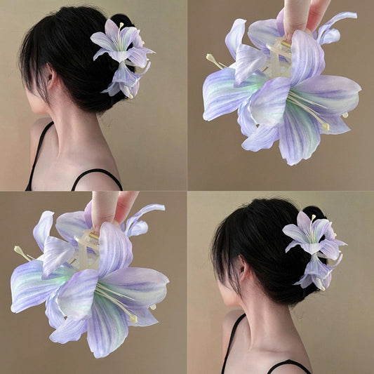 仿真幽魅紫百合花朵抓夾發夾女氣質盤發鯊魚夾氛圍感優雅韻味發飾