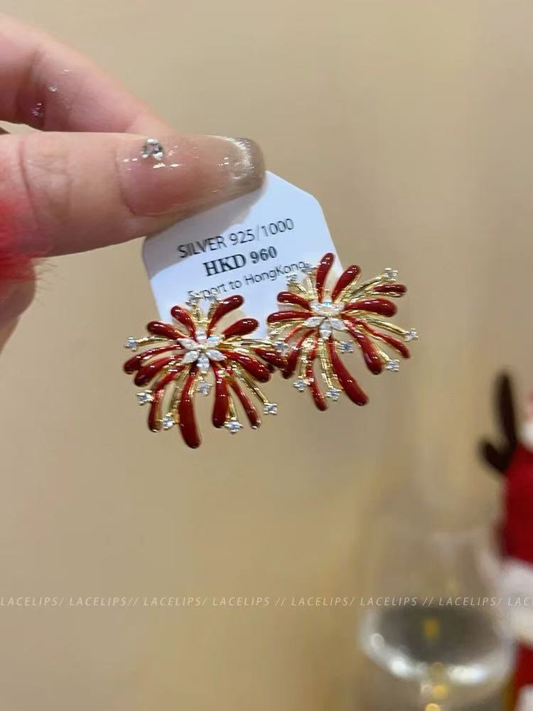 銀針鑲鉆滴油煙花耳釘復古港風輕奢高級感耳環設計感小眾耳飾批發