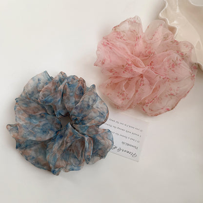 網紗碎花復古髮圈－粉色碎花款細節｜https://igowo.tw/