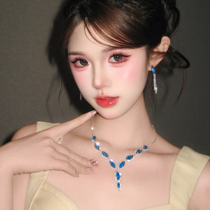 藍色眼淚~鑲鉆水滴耳環項鏈女復古輕奢高級感鎖骨鏈晚宴禮服配飾