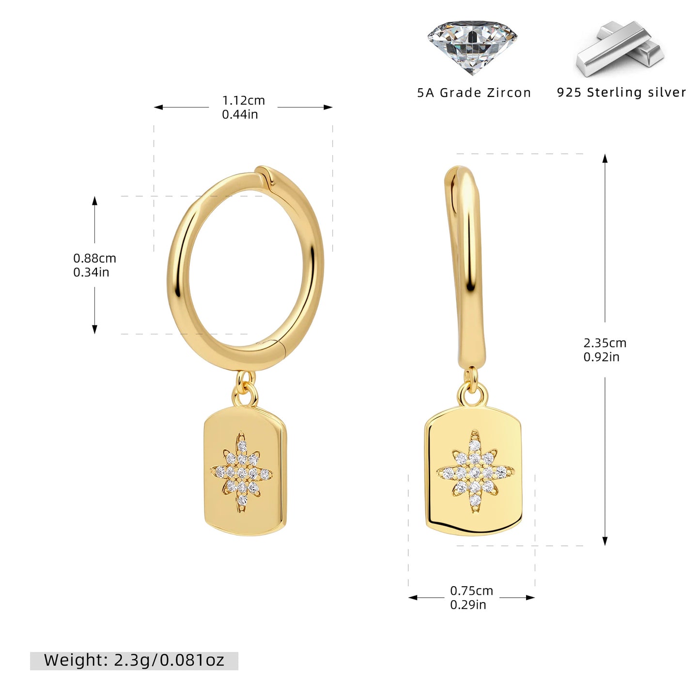 S925 耳環光面鑲鋯幸運八芒星耳墜耳飾小眾百搭飾品