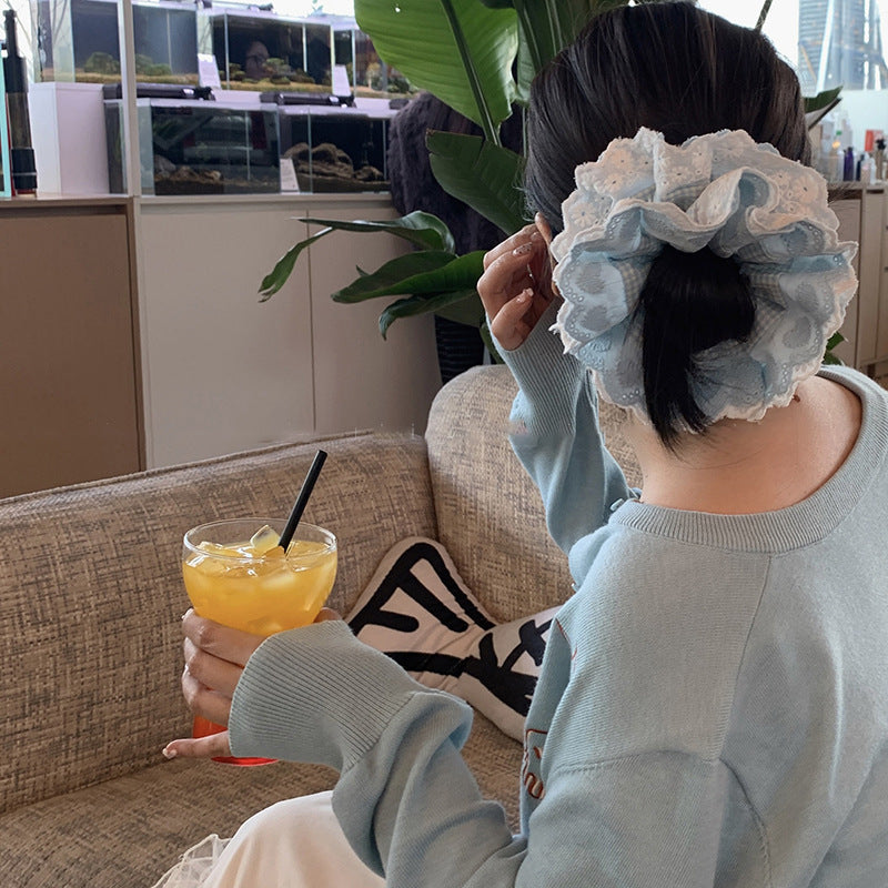 蕾絲格紋大腸圈髮圈－商品主圖｜https://igowo.tw/