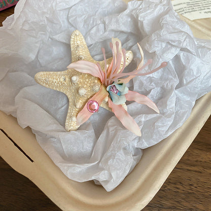 鑲鉆布藝花朵海星發夾海邊度假風后腦勺鴨嘴夾旅游拍照百搭發飾女