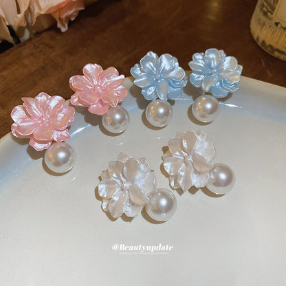 銀針樹脂花朵珍珠吊墜耳環小清新輕奢高級感耳釘甜美設計感耳飾女