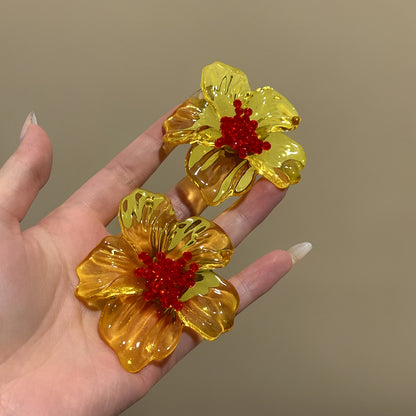 黃色壓克力花朵耳環－銀針-紫色款細節｜https://igowo.tw/