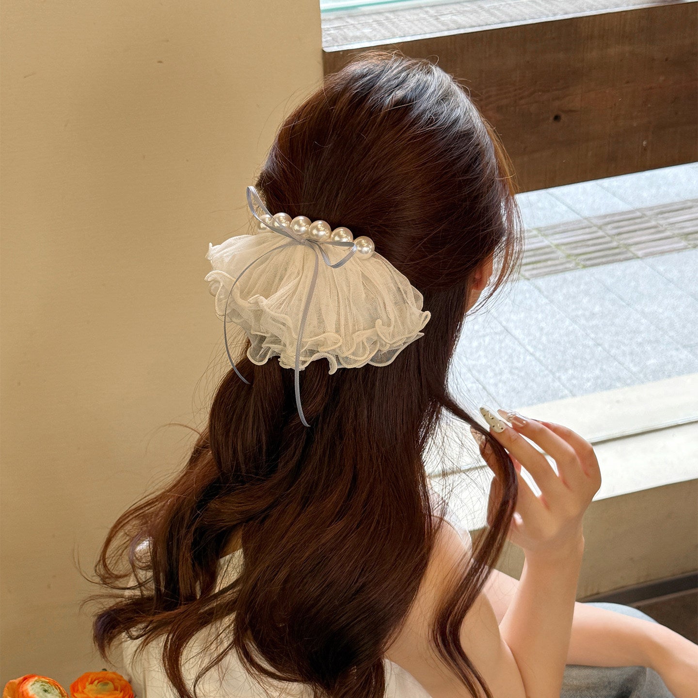 珍珠蕾絲蝴蝶結髮夾－藍色款實拍｜https://igowo.tw/