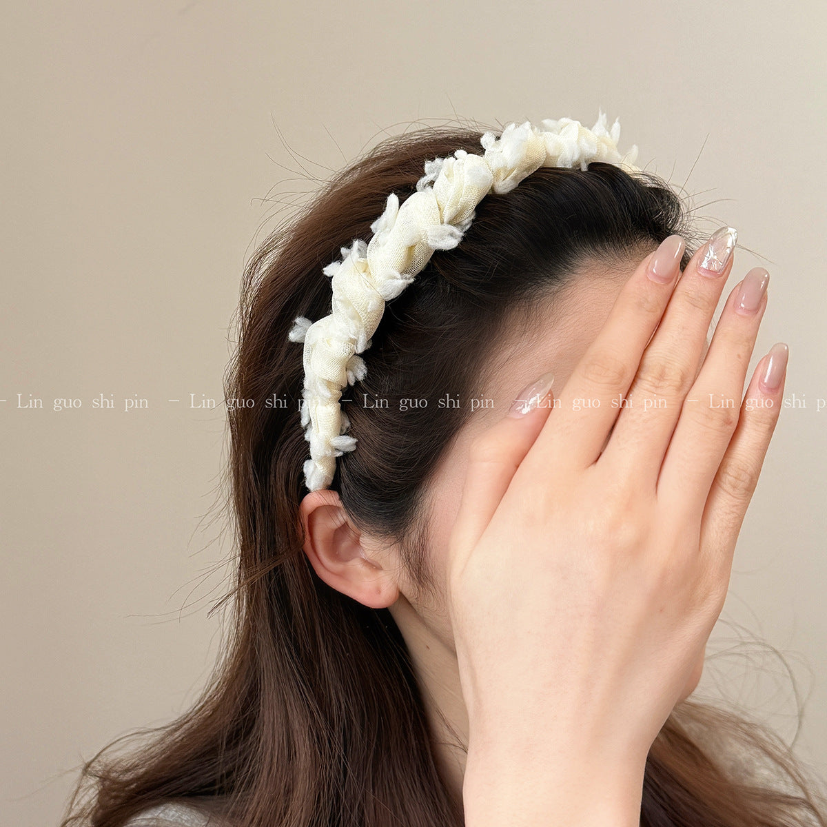 網紗纏繞編織髮箍－粉色款細節｜https://igowo.tw/