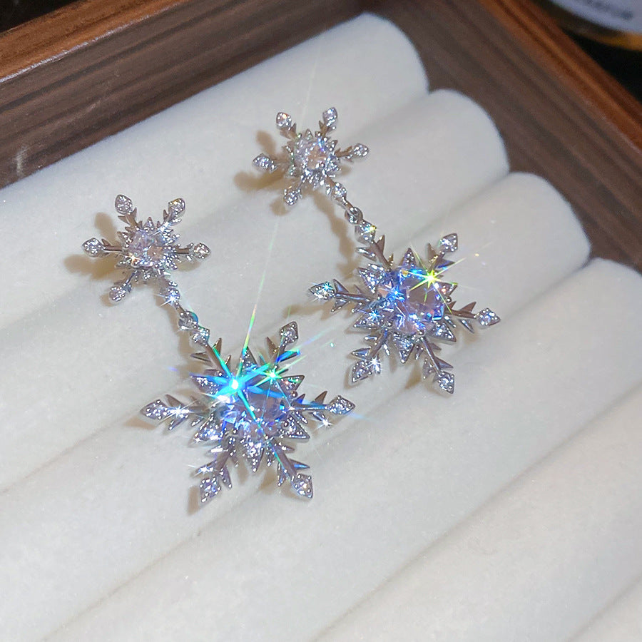 銀針鋯石雪花水滴珍珠耳釘秋冬高級感輕奢小眾耳環優雅氣質耳飾女