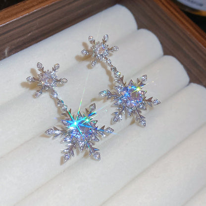 銀針鋯石雪花水滴珍珠耳釘秋冬高級感輕奢小眾耳環優雅氣質耳飾女
