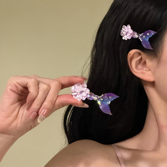 【海的女兒】鑲鉆花朵魚尾發夾甜美夢幻側邊夾鴨嘴夾輕奢小眾發飾