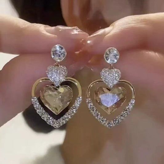 金色鑲鉆愛心耳環女氣質百搭耳釘小眾輕奢高級感耳飾新款耳墜