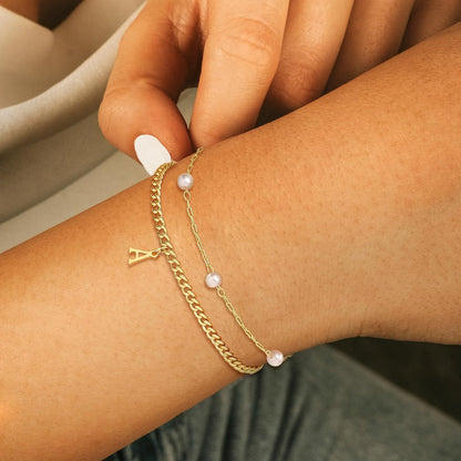 金色仿珍珠字母雙層手鏈