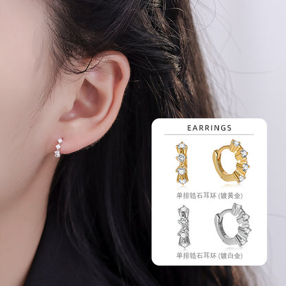 S925 歐美鑲鑽單排鋯石耳環女簡約高級感氣質小巧輕奢耳圈