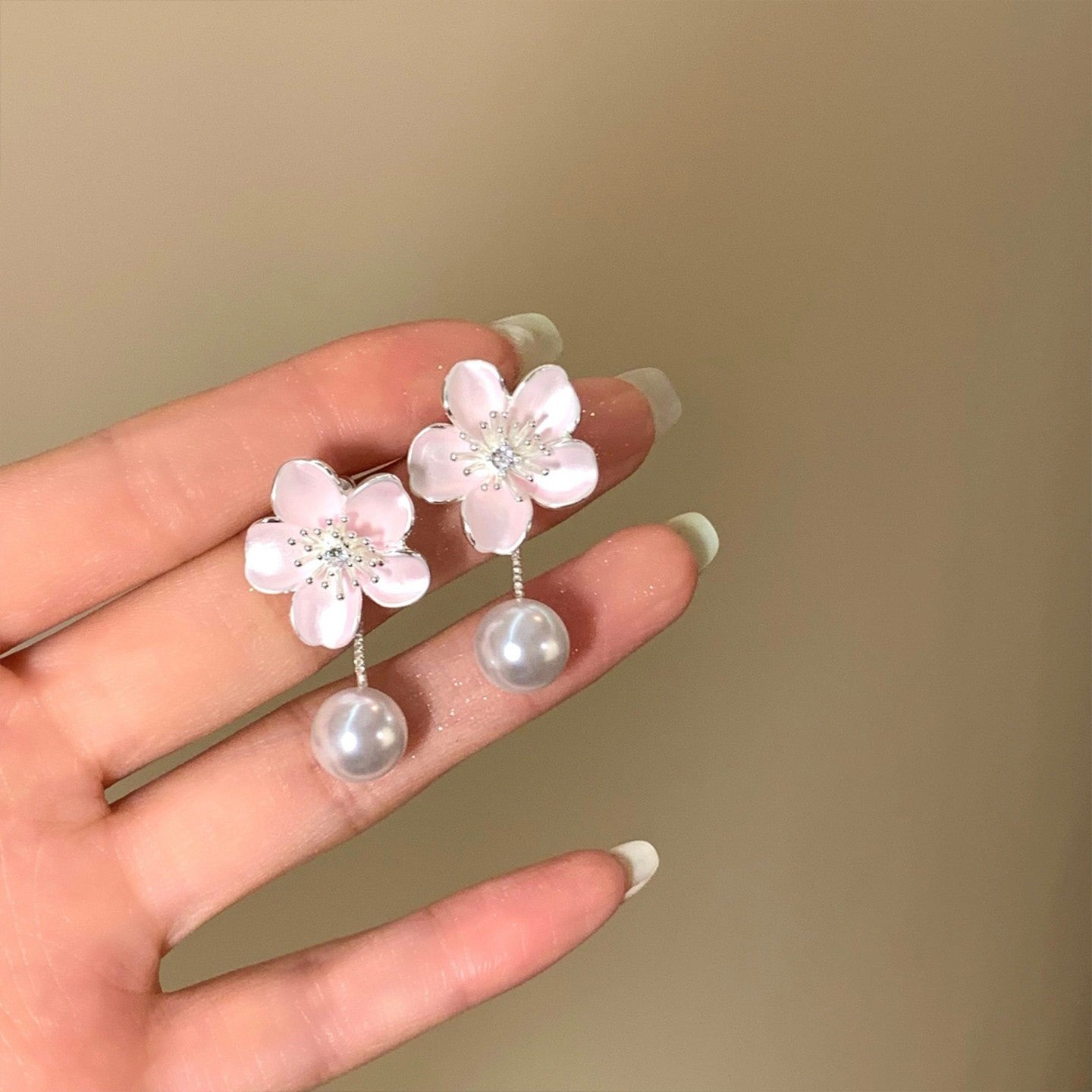 粉紅泡泡~鑲鉆滴油花朵珍珠耳釘精致甜美風耳環輕奢高級感耳飾女