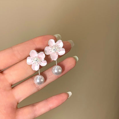 粉紅泡泡~鑲鉆滴油花朵珍珠耳釘精致甜美風耳環輕奢高級感耳飾女