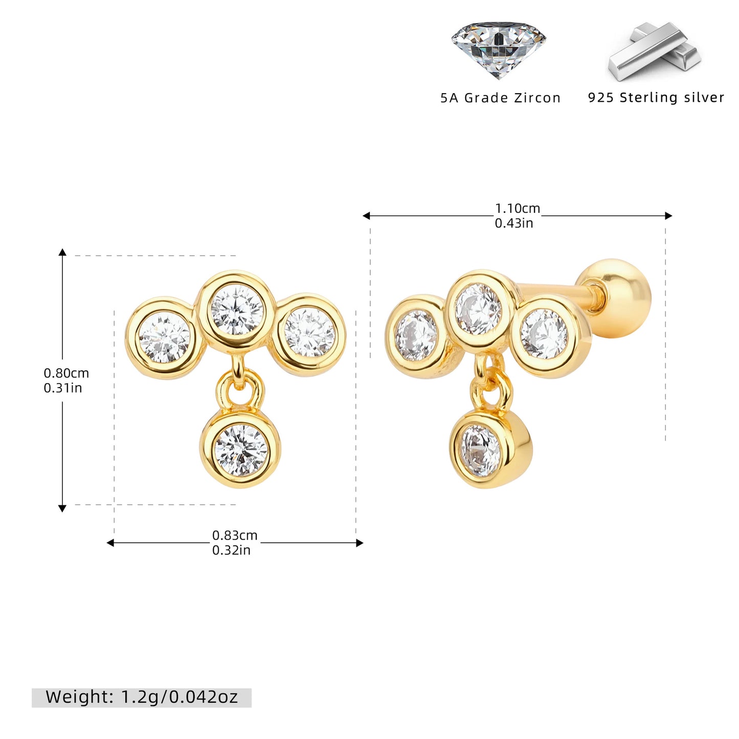 S925 耳飾錯落排列包鑲鋯螺紋耳釘簡約輕奢百搭飾品