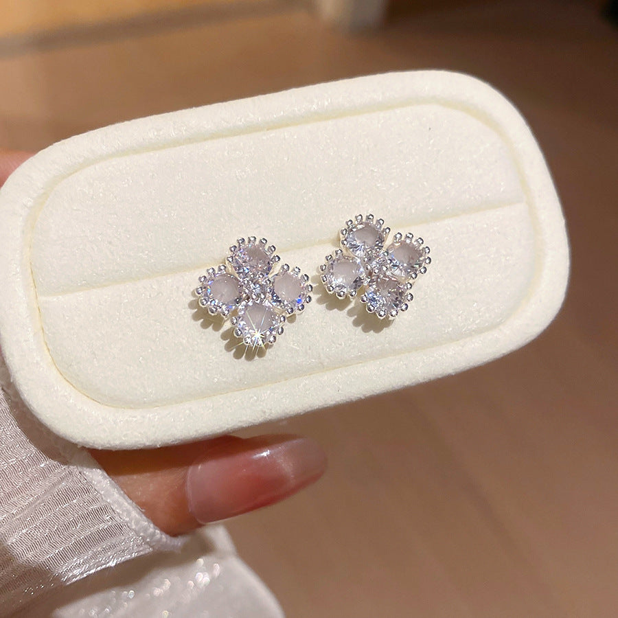銀針小清新鋯石菱形花朵耳釘精致小巧甜美優雅耳環輕奢高級感耳飾