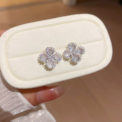 銀針小清新鋯石菱形花朵耳釘精致小巧甜美優雅耳環輕奢高級感耳飾