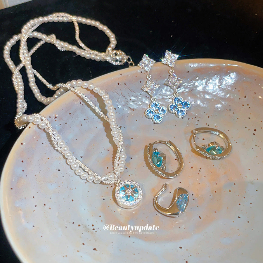 珍珠星星項鍊耳環組－耳扣-銀色-藍色款實拍｜https://igowo.tw/