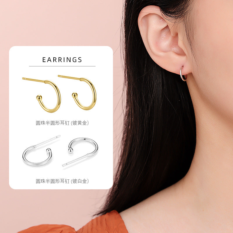 S925 半圓形圓環耳釘日韓時尚簡約鍍K金輕奢女款ins風耳環吊件