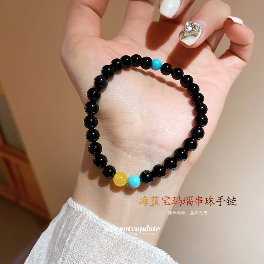 松石瑪瑙藍晶綠石頭串珠手鏈復古氣質手串手環小眾設計感手飾批發