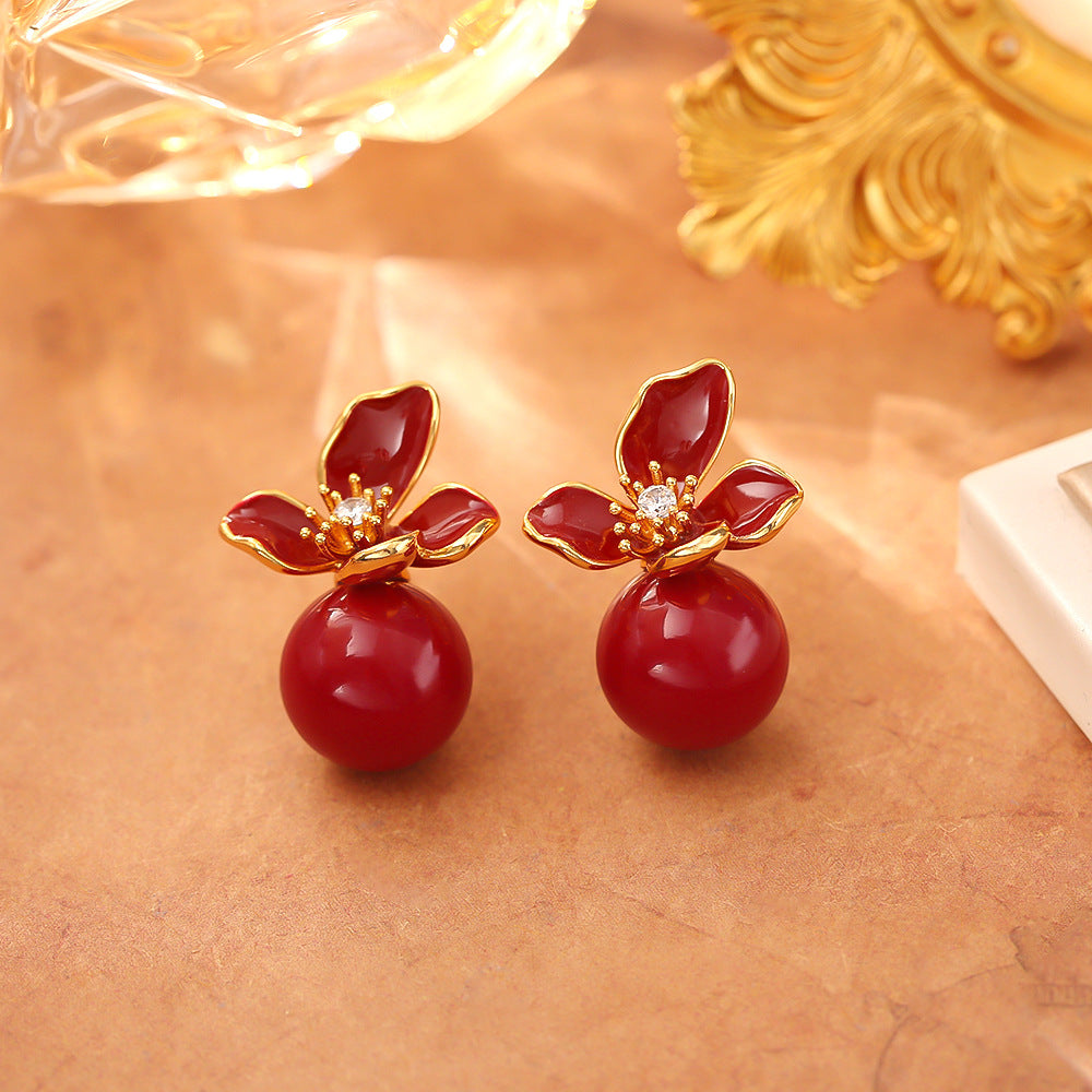 紅色珍珠花朵耳釘
