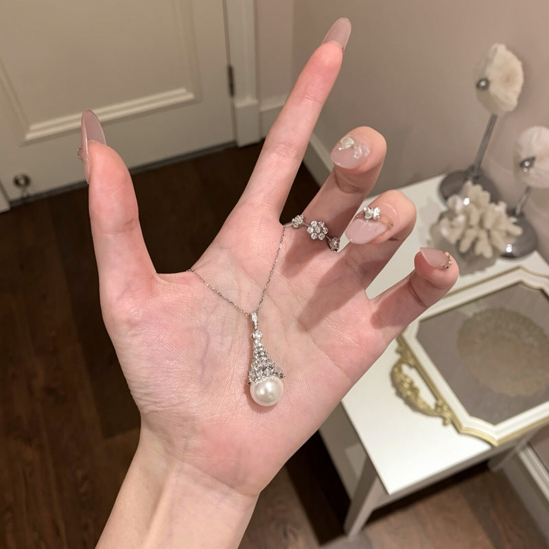珍珠鋯石水滴墜飾項鍊－項鍊-銀色款實拍｜https://igowo.tw/