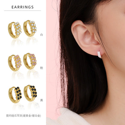 S925 彩色鋯石排鑽圓圈耳環女ins冷淡風簡約輕奢鍍k金耳圈耳飾