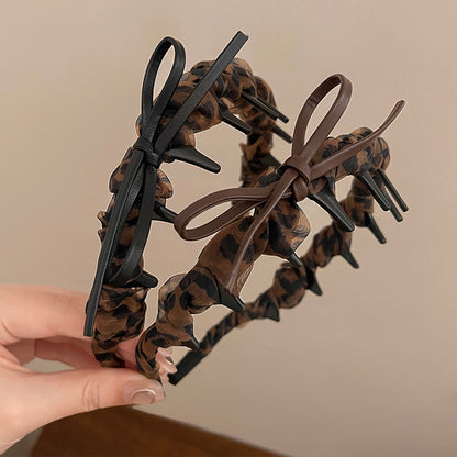 網紗豹紋復古髮箍－黑色蝴蝶結款實拍｜https://igowo.tw/