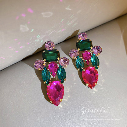 銀針歐美夸張大氣鑲鉆耳環創意百搭彩色耳墜復古優雅個性耳飾批發