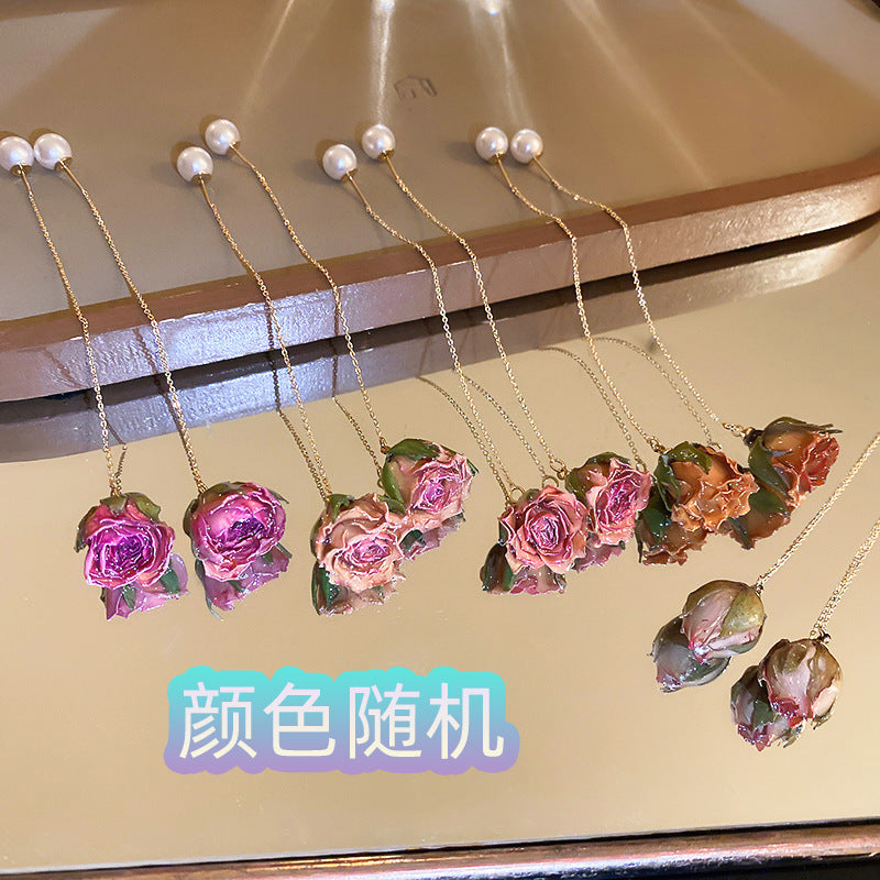 森系超仙銀針永生花耳線時尚百搭氣質小眾耳環輕奢高級感耳飾批發