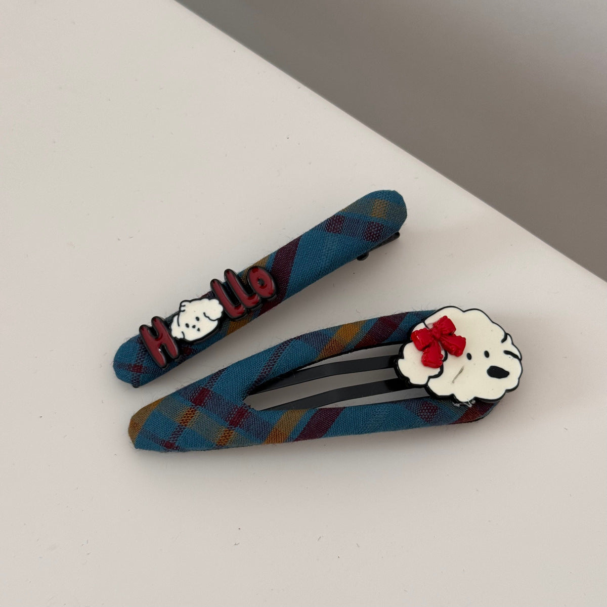 黃色布面格紋櫻桃髮夾