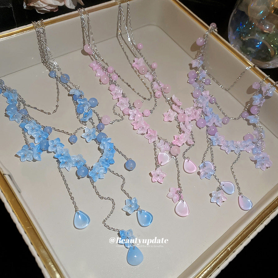 不鏽鋼花朵流蘇項鍊－項鍊-藍色款實拍｜https://igowo.tw/
