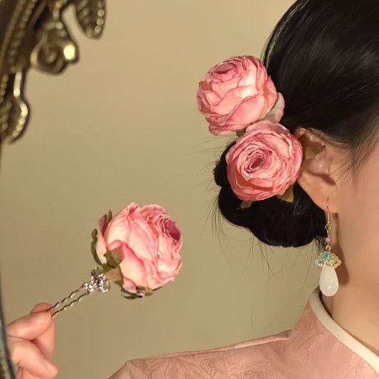 粉色玫瑰髮簪－商品主圖｜https://igowo.tw/